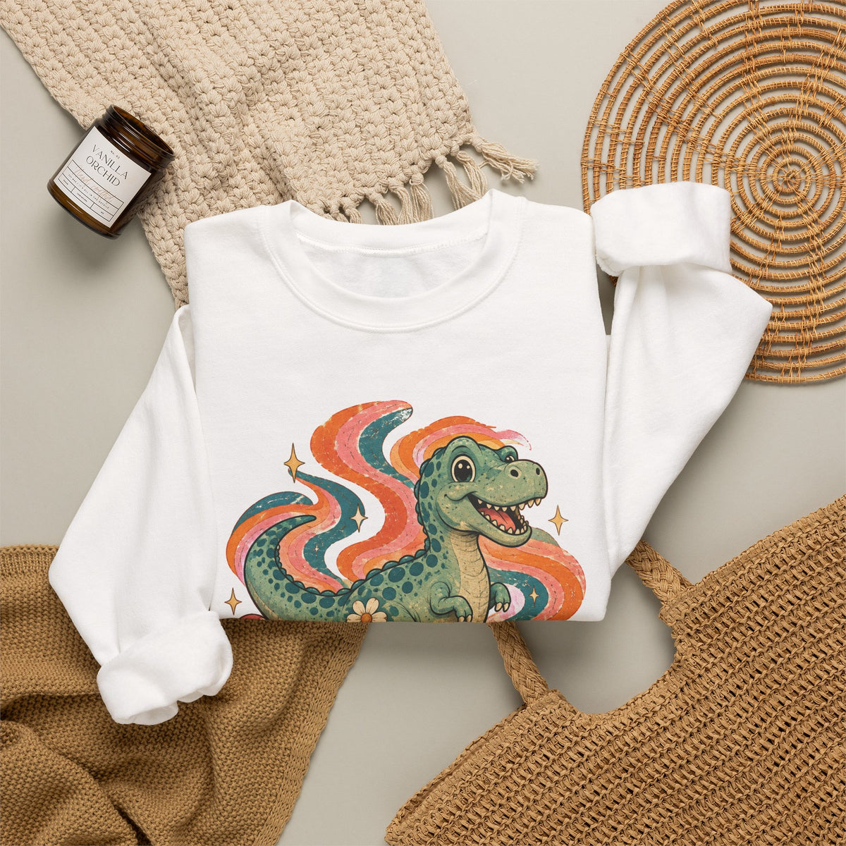 Groovy T-Rex Sweatshirt Retro 70s Dinosaur Mushroom Daisy Crewneck