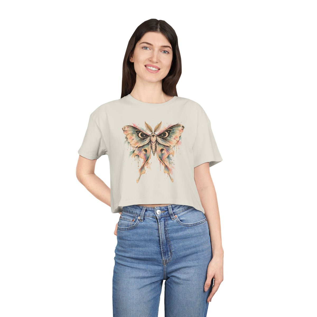 Celestial Luna Moth Crop Tee, Pastel Watercolor Moth Crescent Moon Stars Paint Drip Women's Cropped T-Shirt