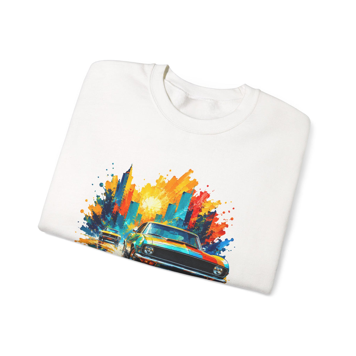 Paint Splash Muscle Car Crewneck Sweatshirt Colorful City Sunset Classic Car Art
