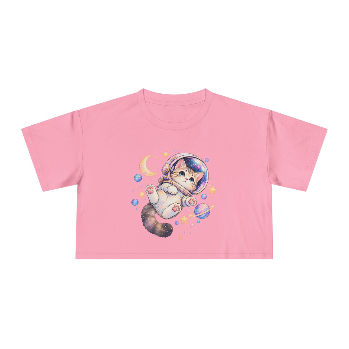 Astronaut Kitten Crop Tee, Cute Pastel Space Cat Helmet Moon Planets Stars Kawaii Women's Cropped T-Shirt