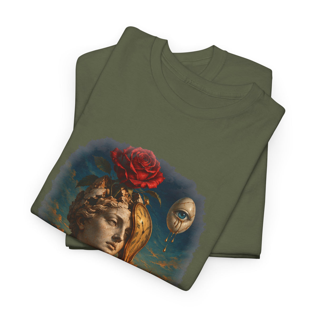 Surreal Rose Bust Melting Clock T-Shirt Dalí Style Desert Dream Tee