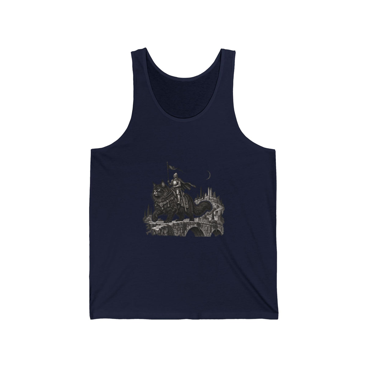 Medieval Knight Riding Giant Cat Tank Top Dark Fantasy Bridge Moon Cat Tank