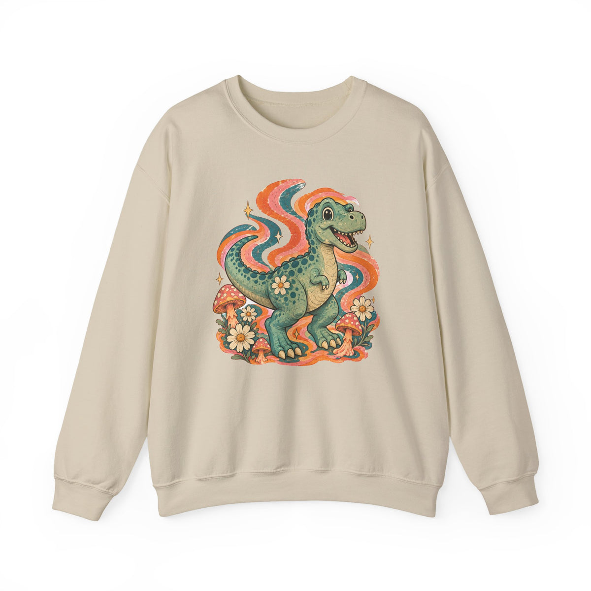 Groovy T-Rex Sweatshirt Retro 70s Dinosaur Mushroom Daisy Crewneck