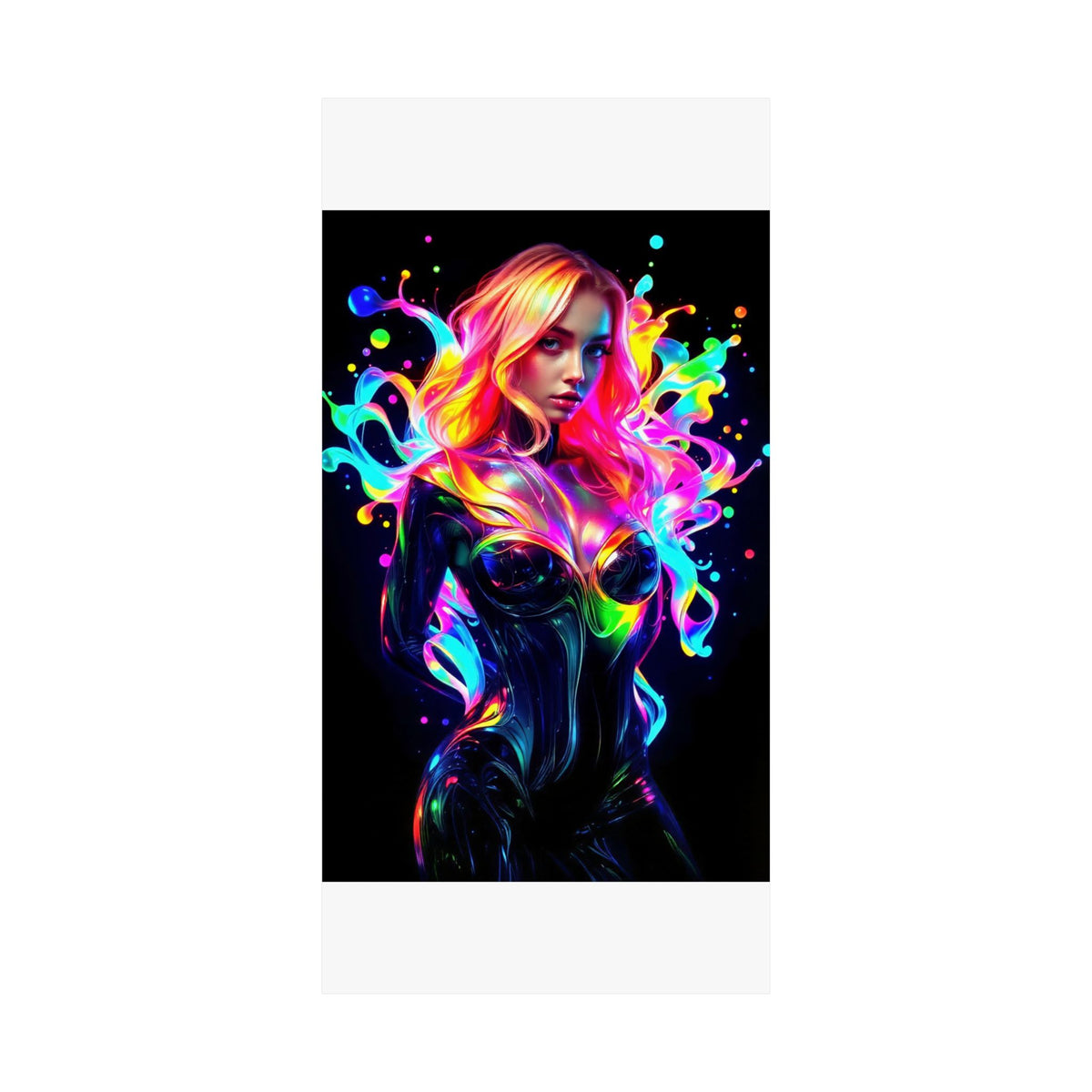 Neon Splash Rainbow Hair Woman Poster Matte Vertical Wall Art