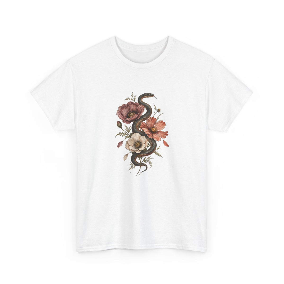 Snake and Poppies T-Shirt Vintage Botanical Serpent Flower Tattoo Style Tee