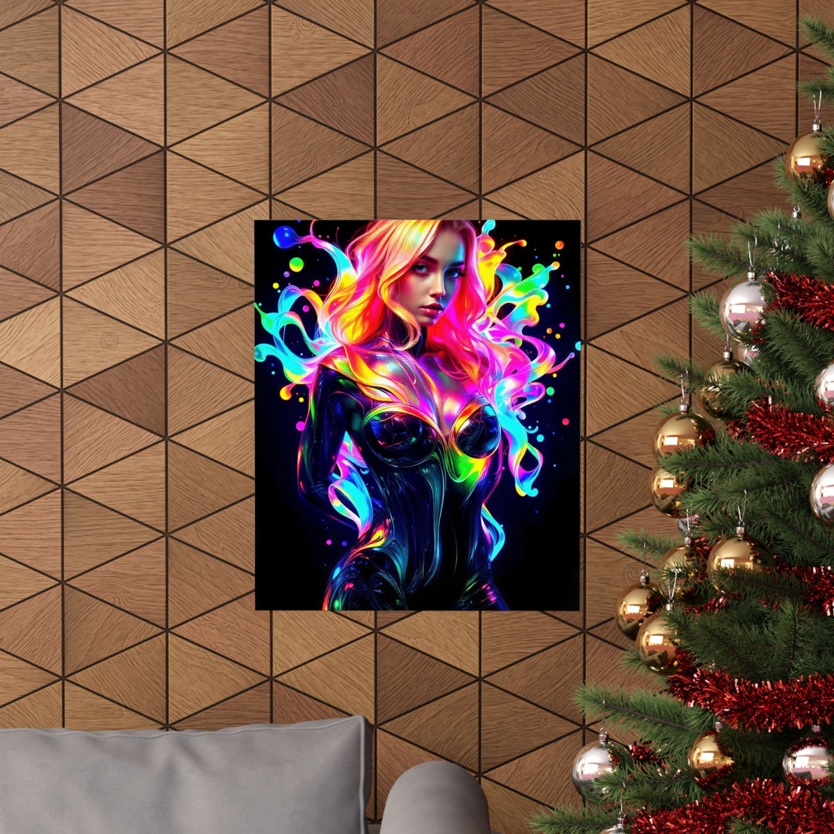 Neon Splash Rainbow Hair Woman Poster Matte Vertical Wall Art