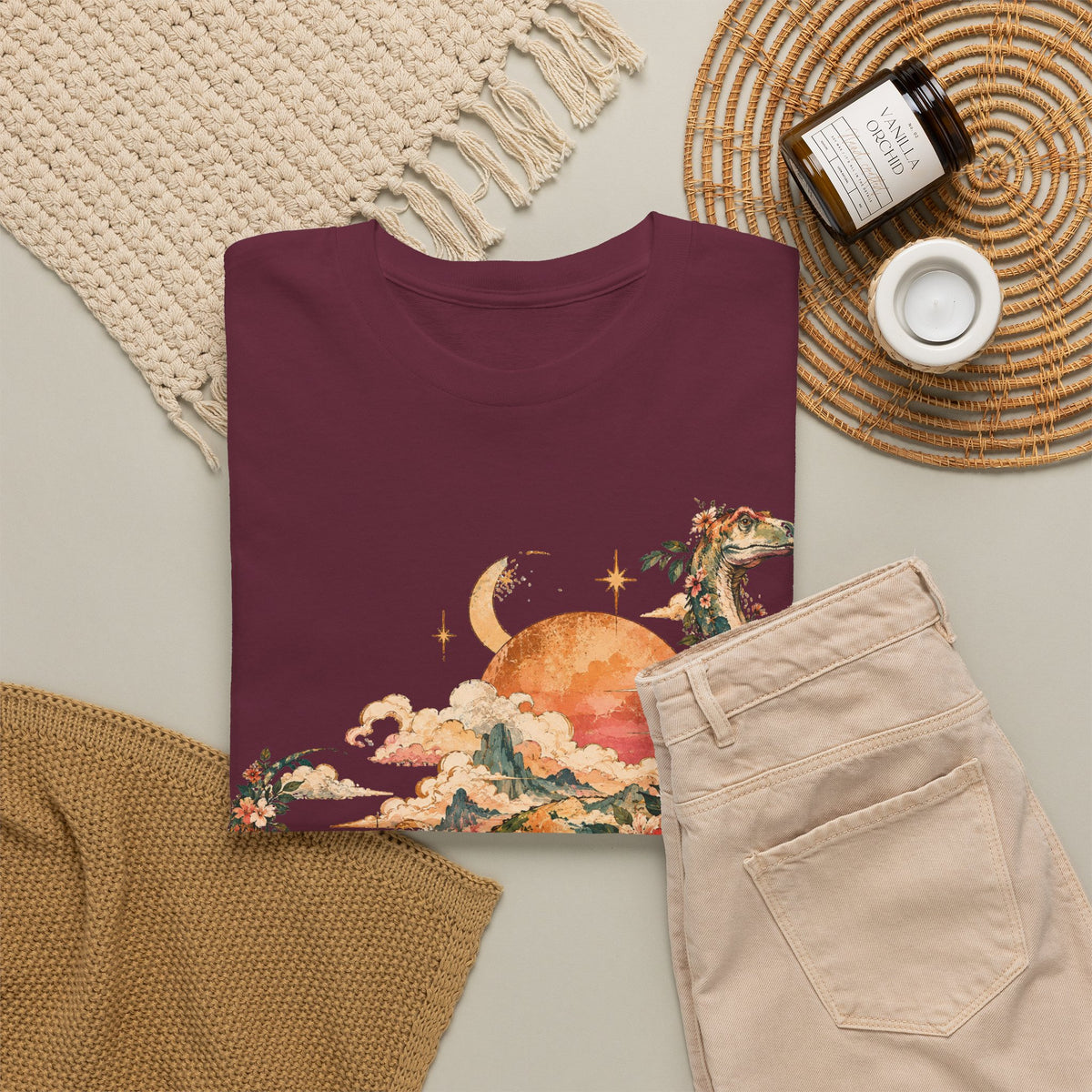 Floral Dinosaur T-Shirt, Vintage Brontosaurus Sunset Mountains Graphic Tee Unisex Nature Shirt