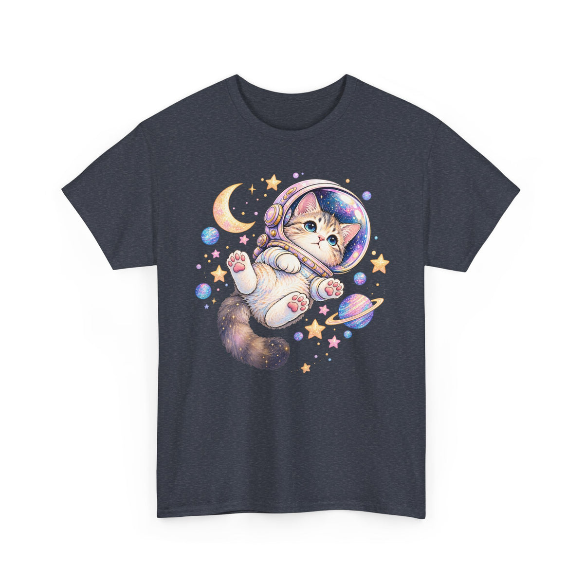 Astronaut Kitten T-Shirt, Cute Pastel Space Cat Helmet Moon Planets Stars Graphic Tee Unisex