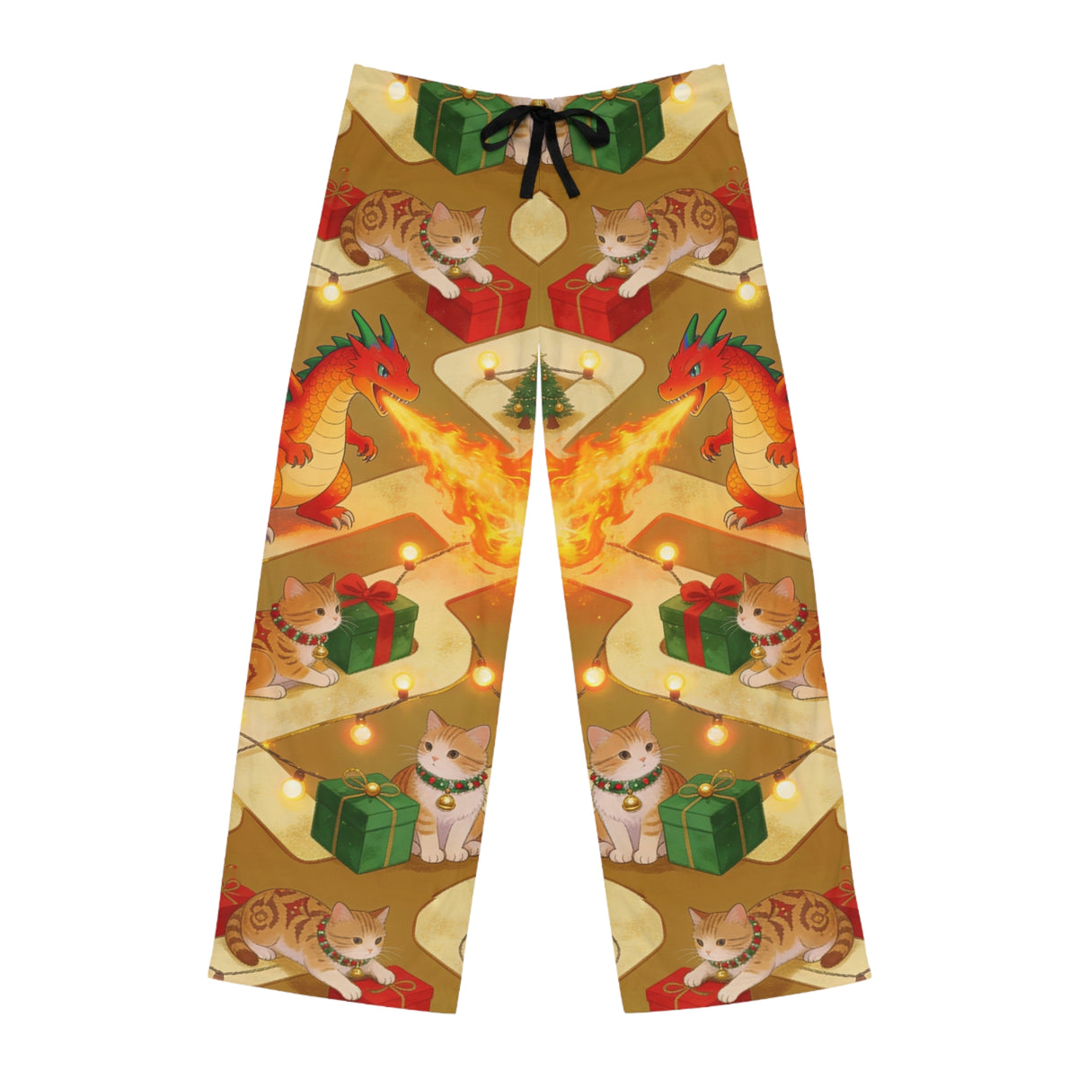 Christmas Dragon and Cats Mens Pajama Pants Dragon Cat Holiday Sleep Pants