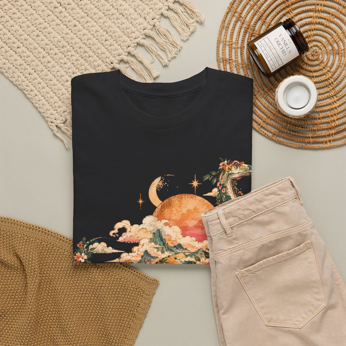 Floral Dinosaur T-Shirt, Vintage Brontosaurus Sunset Mountains Graphic Tee Unisex Nature Shirt