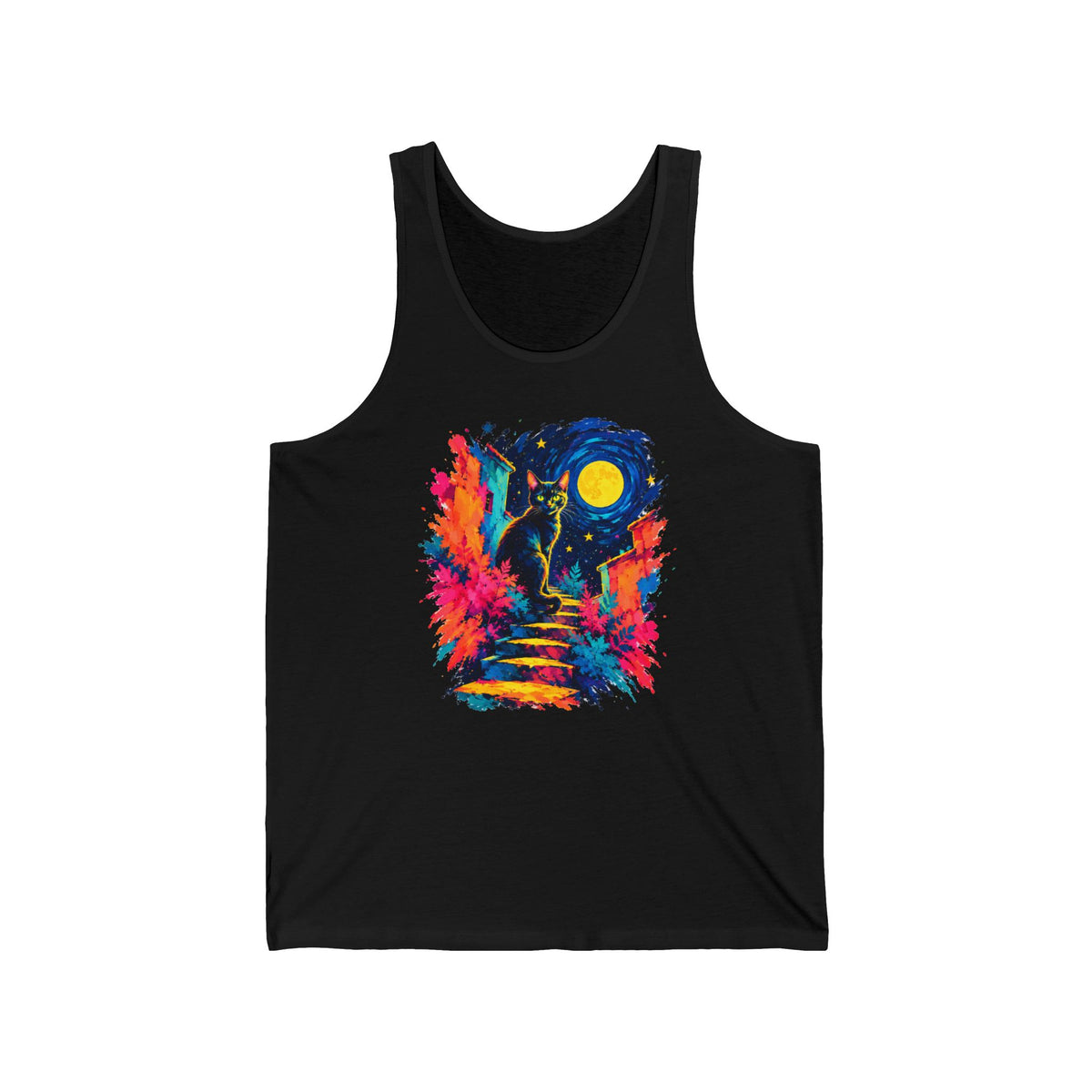 Black Cat on Moonlit Stairs Tank Top Swirling Night Sky Yellow Moon Colorful Cat Art Tank