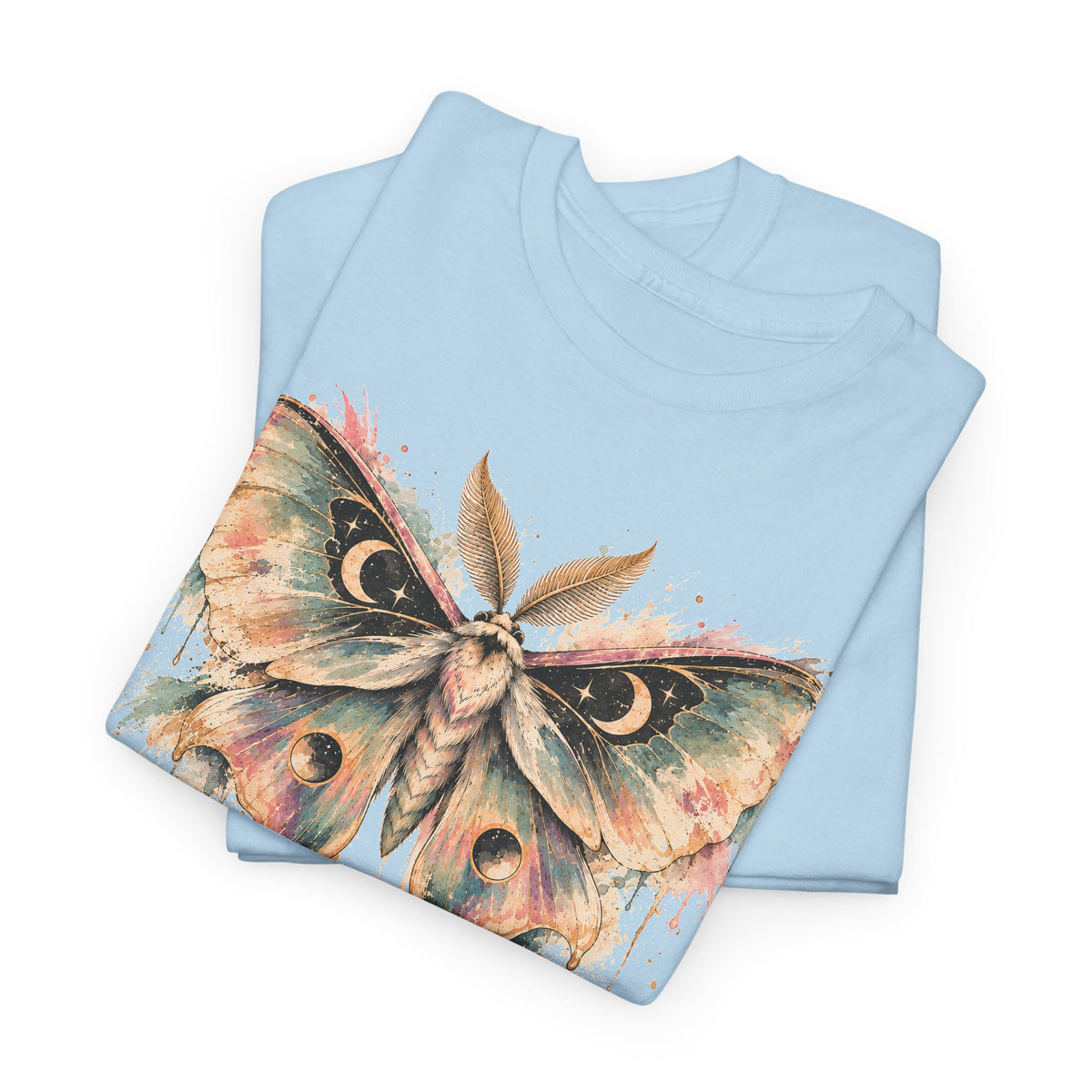 Celestial Luna Moth T-Shirt, Pastel Watercolor Moth Crescent Moon Stars Paint Drip Graphic Tee Unisex