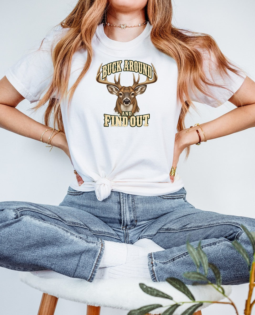 Buck Around and Find Out Cream Bust Deer Tee Funny Hunting F - Comfort Colors tee closeup v4