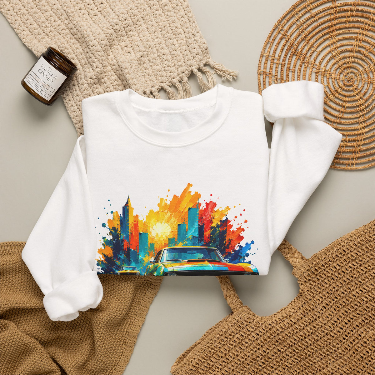 Paint Splash Muscle Car Crewneck Sweatshirt Colorful City Sunset Classic Car Art