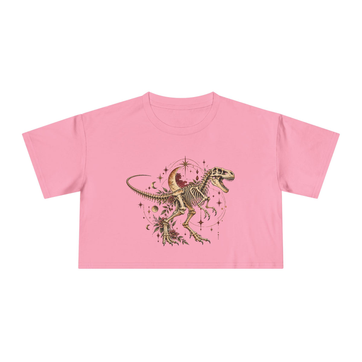 Celestial T-Rex Skeleton Crop Tee, Dark Academia Moon Stars Floral Dinosaur Women's Cropped T-Shirt
