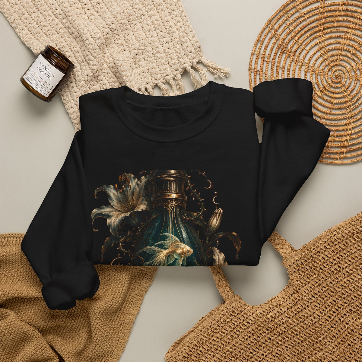 Gothic Lantern Goldfish Sweatshirt, Dark Fantasy Glowing Lantern Crewneck
