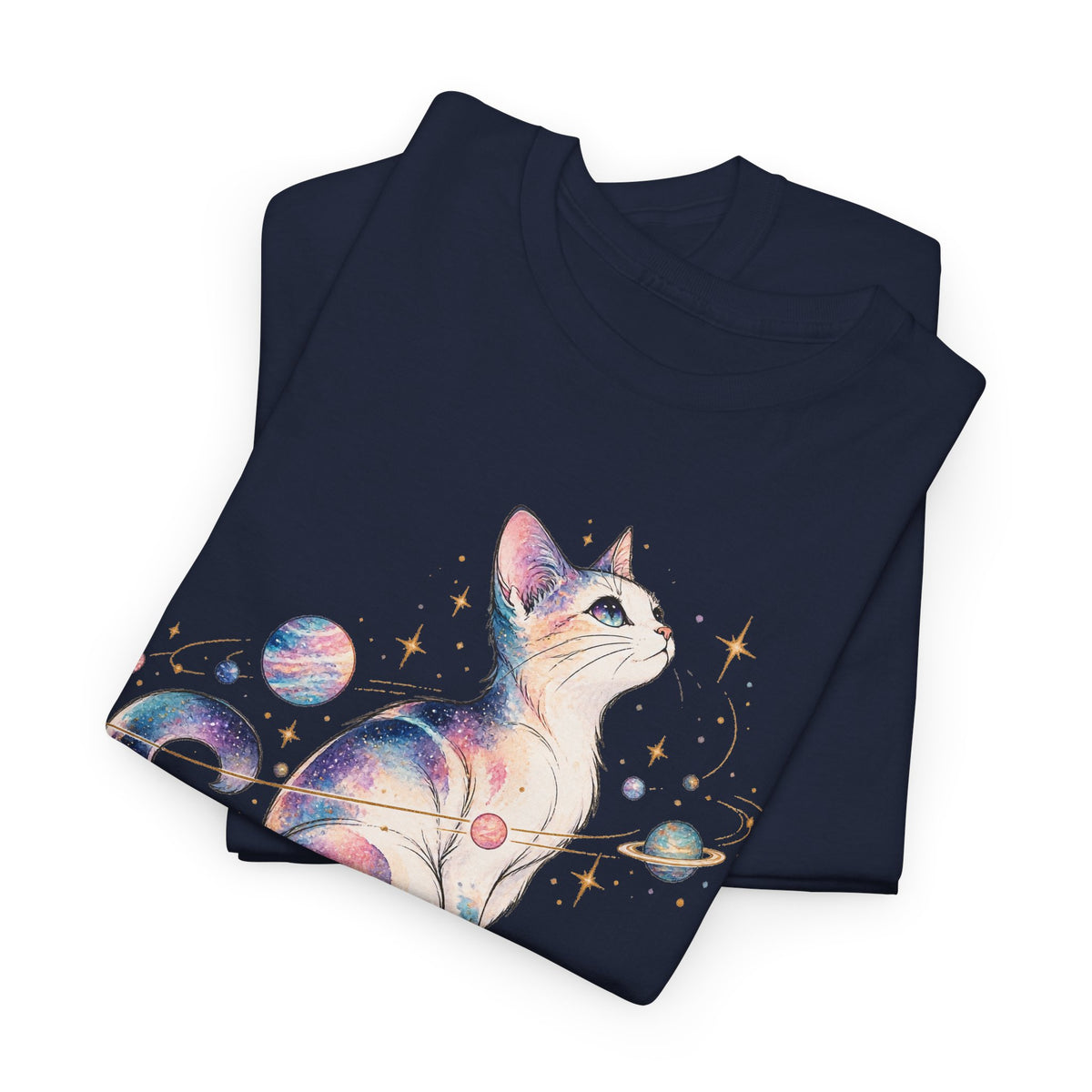 Cosmic Galaxy Cat T-Shirt, Pastel Watercolor Cat Planets Gold Stars Celestial Graphic Tee Unisex