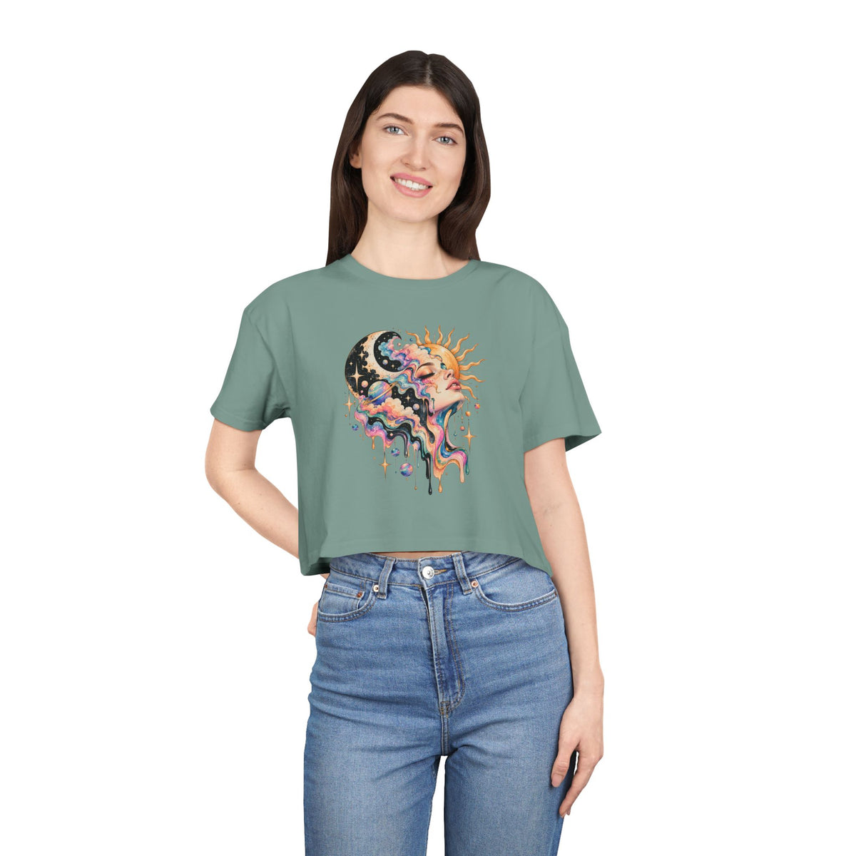 Celestial Sun and Moon Woman Crop Tee, Pastel Cloud Hair Melting Drip Planets Stars Women's Cropped T-Shirt