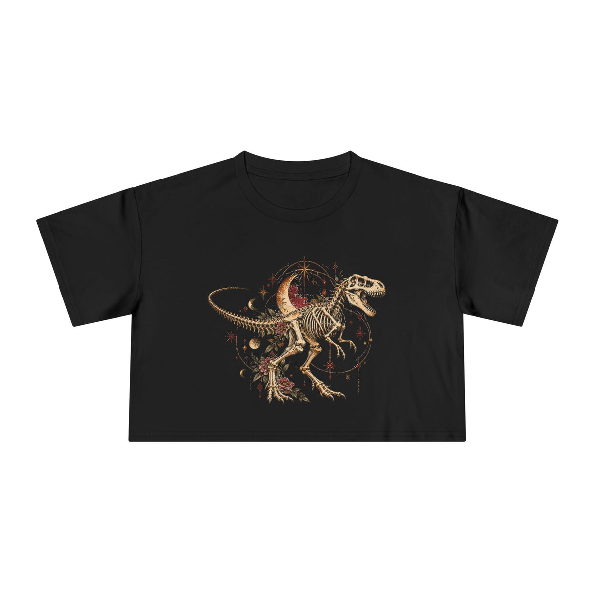 Celestial T-Rex Skeleton Crop Tee, Dark Academia Moon Stars Floral Dinosaur Women's Cropped T-Shirt