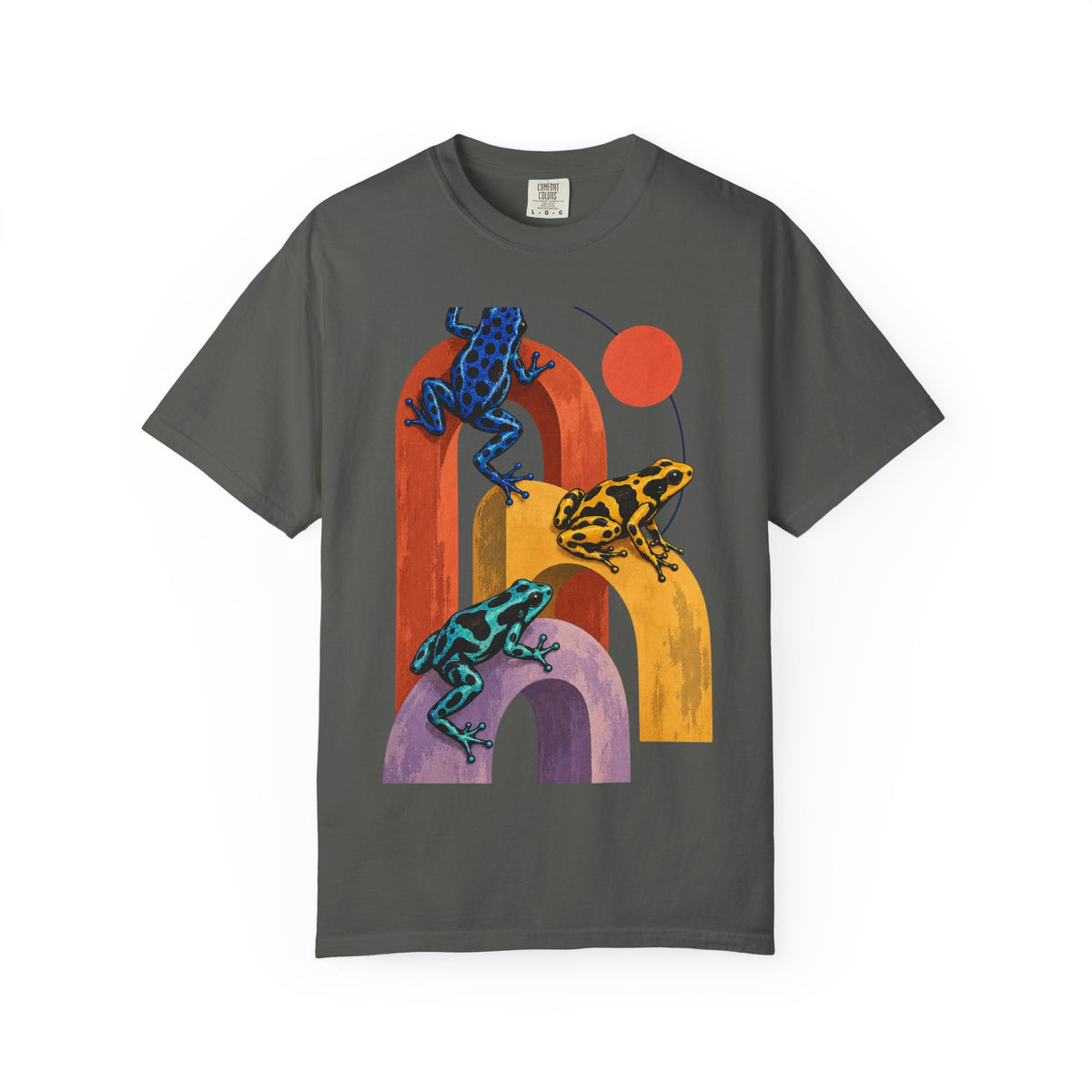 Poison Dart Frogs Colorful Arches Red Sun Tee Midcentury Geometric Frog Wildlife Shirt