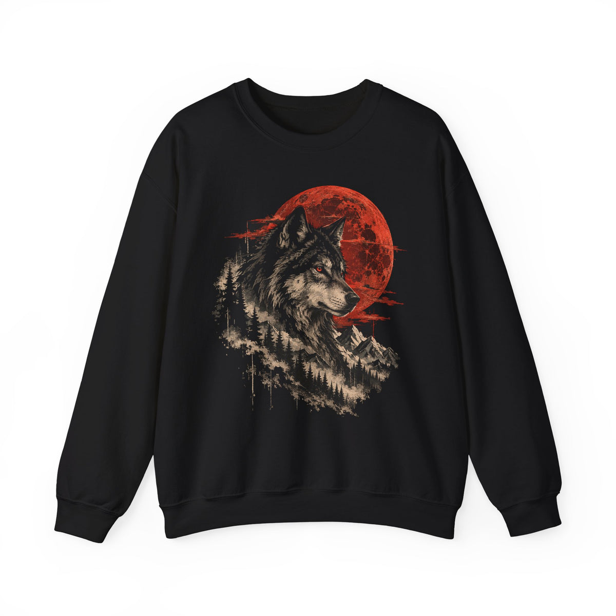 Blood Moon Wolf Sweatshirt Gray Wolf Red Full Moon Pine Forest Mountain Crewneck