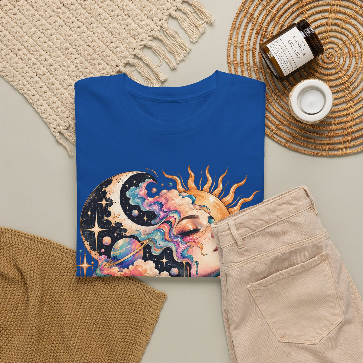 Celestial Sun and Moon Woman T-Shirt, Pastel Cloud Hair Melting Drip Planets Stars Graphic Tee Unisex