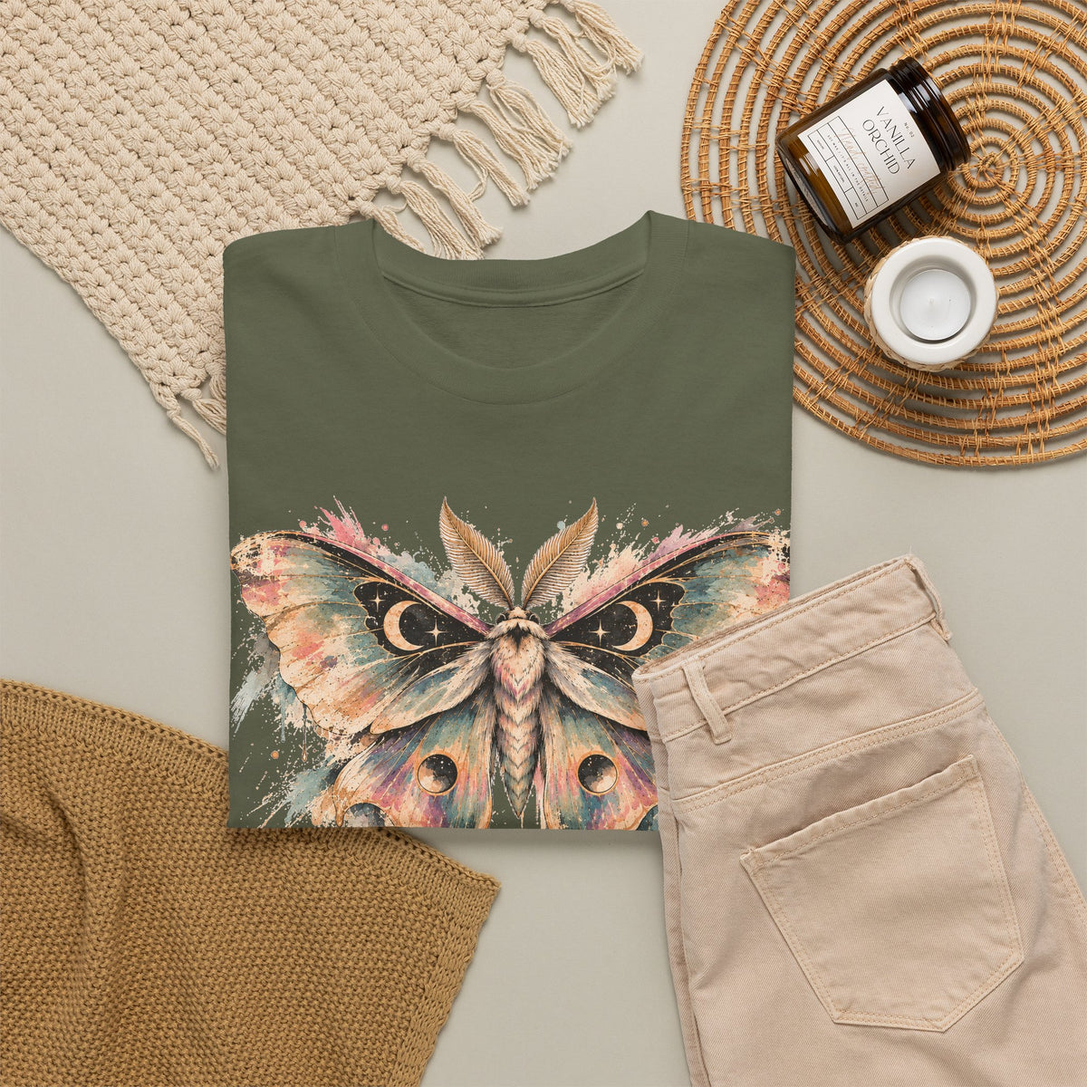 Celestial Luna Moth T-Shirt, Pastel Watercolor Moth Crescent Moon Stars Paint Drip Graphic Tee Unisex