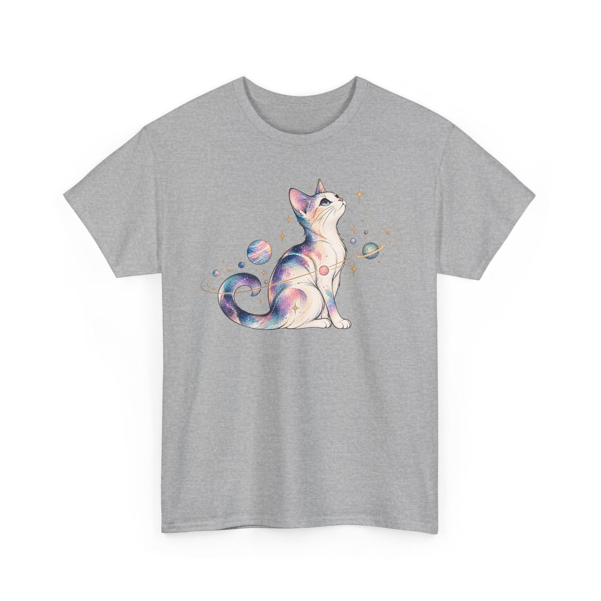 Cosmic Galaxy Cat T-Shirt, Pastel Watercolor Cat Planets Gold Stars Celestial Graphic Tee Unisex