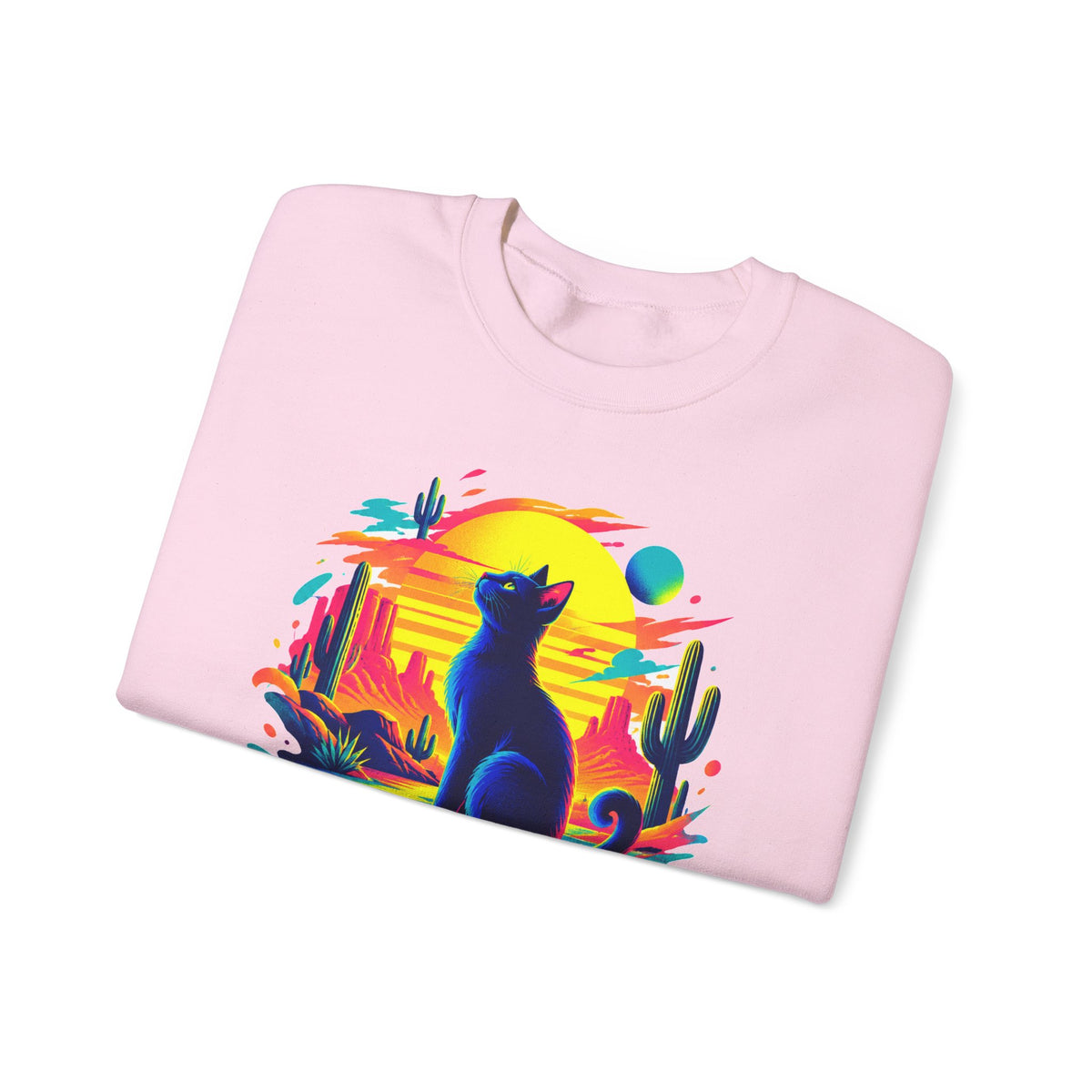 Neon Desert Black Cat Sweatshirt Synthwave Sunset Cactus Oasis Cat Lover Crewneck
