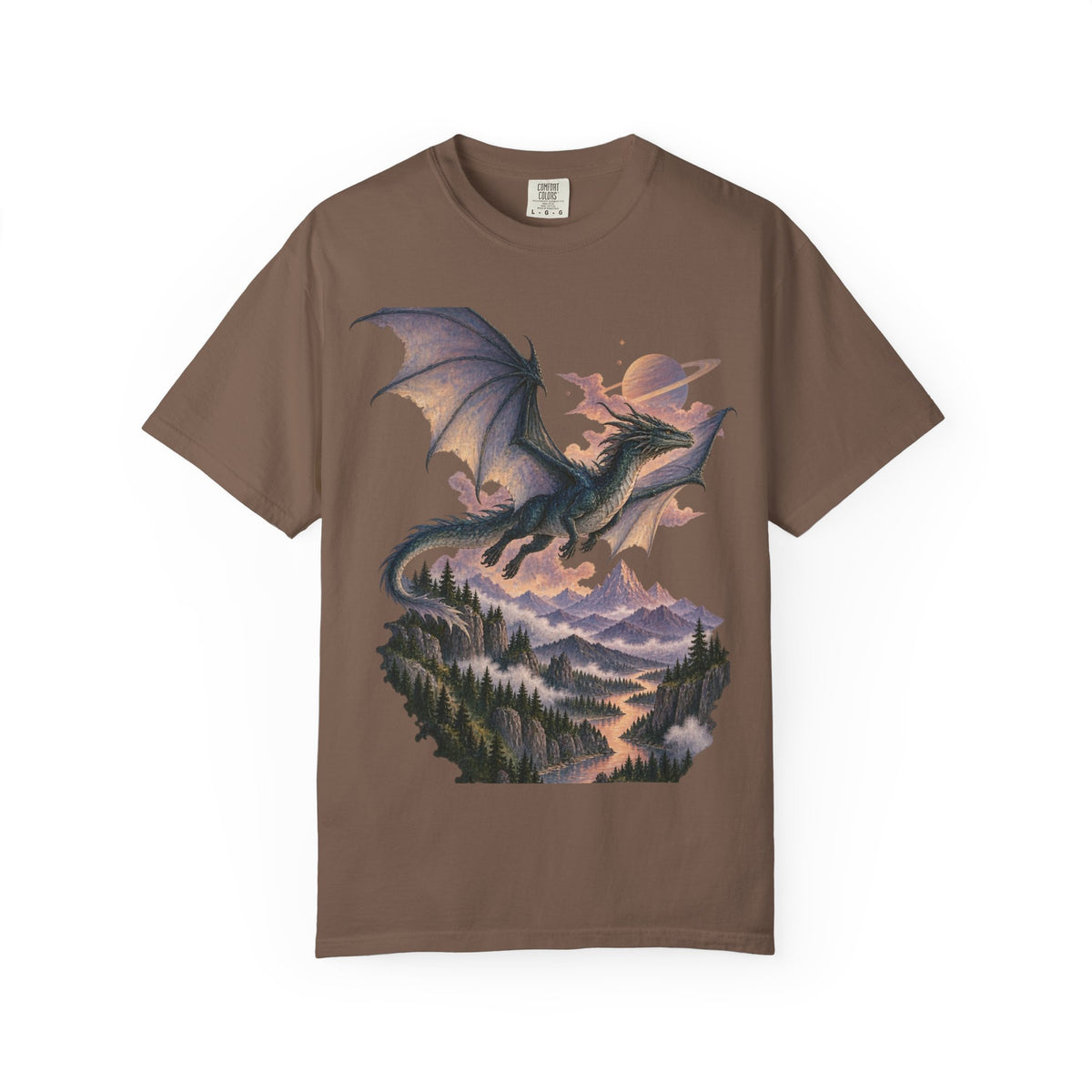 Celestial Dragon Over Forest Tee Fantasy Ringed Planet Mountain Shirt