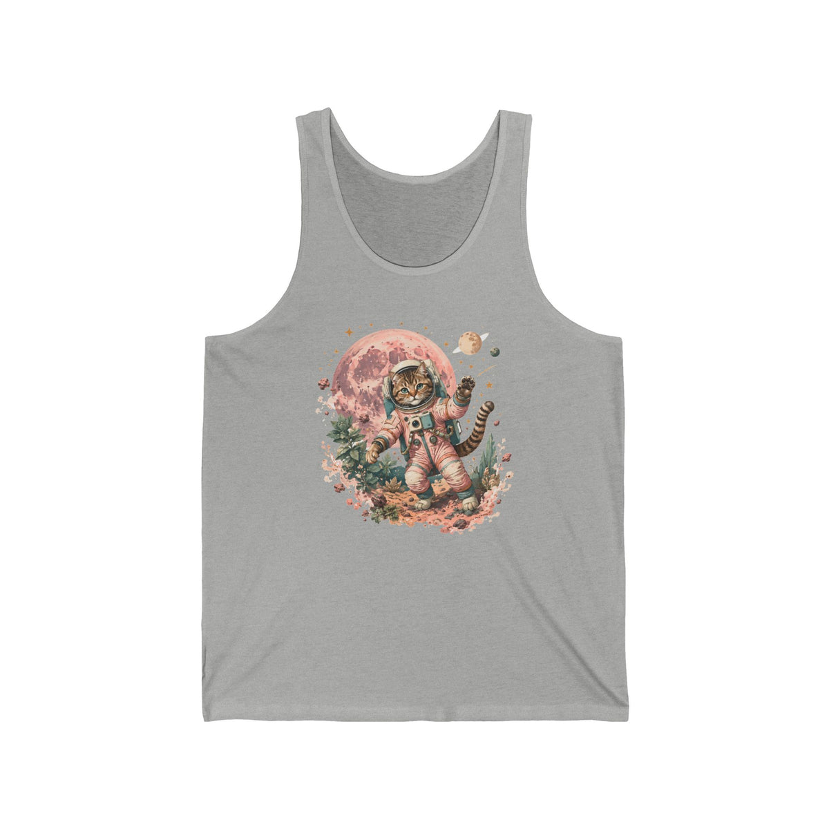 Tabby Cat Astronaut Tank Top Pastel Pink Moon Space Cat Waving Tank