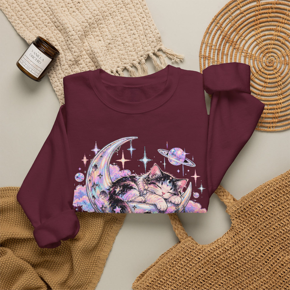 Sleeping Cat on Crescent Moon Sweatshirt Pastel Kawaii Celestial Kitten Crewneck