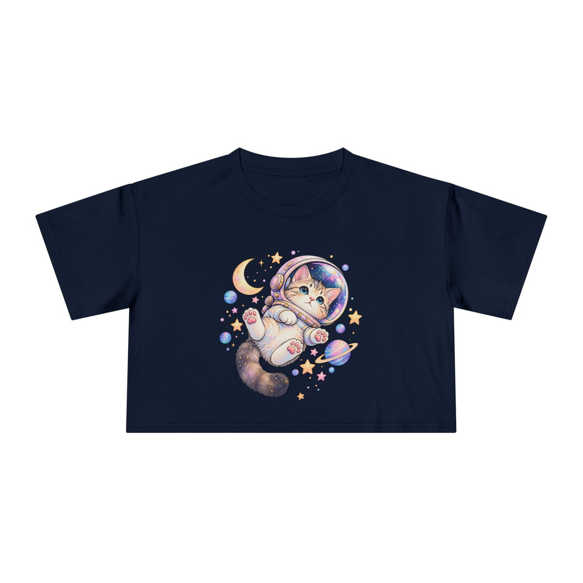 Astronaut Kitten Crop Tee, Cute Pastel Space Cat Helmet Moon Planets Stars Kawaii Women's Cropped T-Shirt