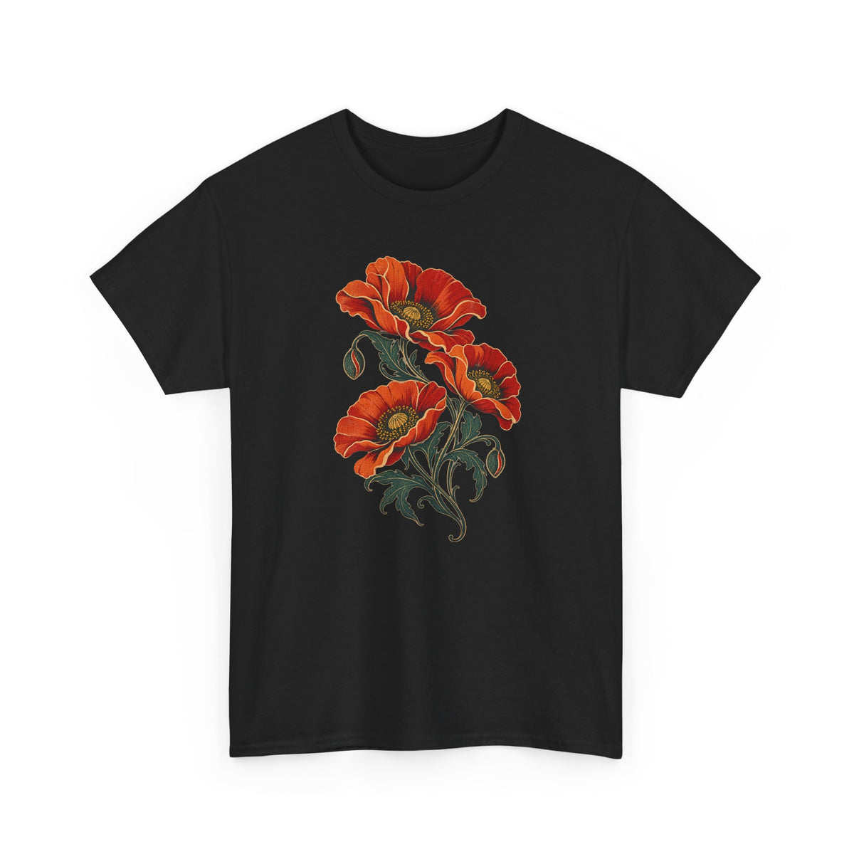 Orange Poppies Botanical T-Shirt Gold Outline Vintage Floral Tee
