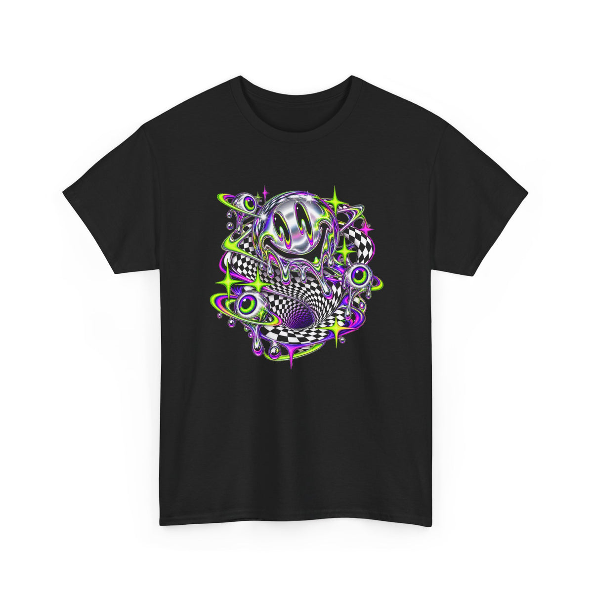 Chrome Melting Smiley T-Shirt Acid Trippy Y2K Psychedelic Tee