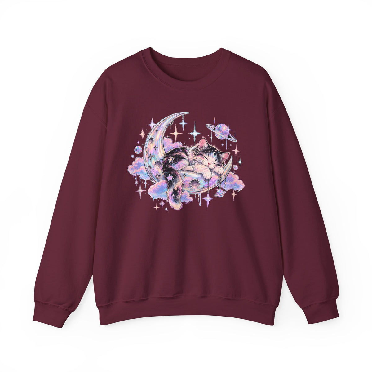 Sleeping Cat on Crescent Moon Sweatshirt Pastel Kawaii Celestial Kitten Crewneck