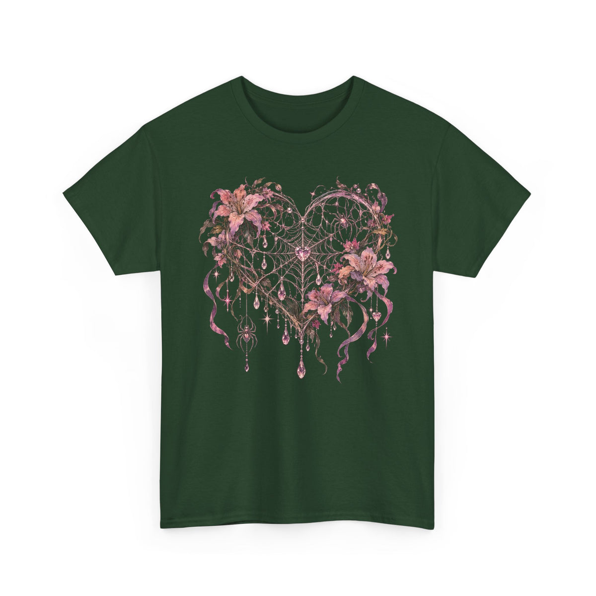 Gothic Spiderweb Heart T-Shirt Pink Lilies Crystal Pastel Goth Graphic Tee