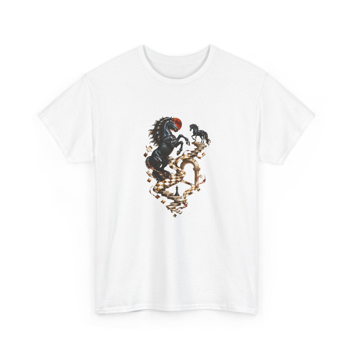 Surreal Black Horses Chess Fantasy T-Shirt Rearing Stallions Stairs Moon Tee