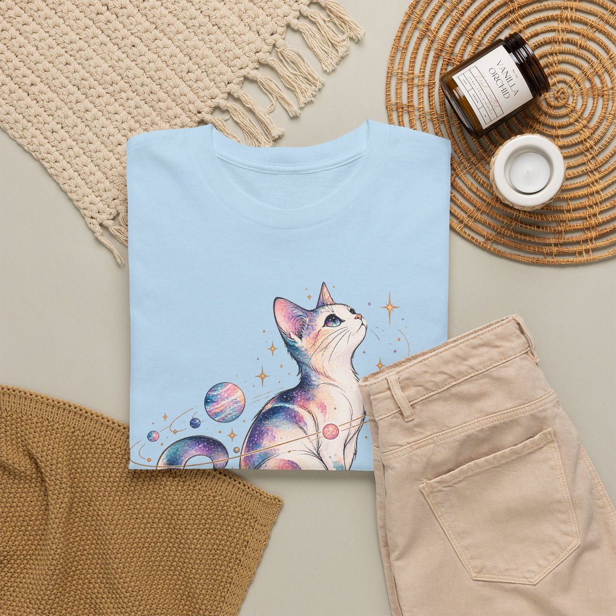 Cosmic Galaxy Cat T-Shirt, Pastel Watercolor Cat Planets Gold Stars Celestial Graphic Tee Unisex