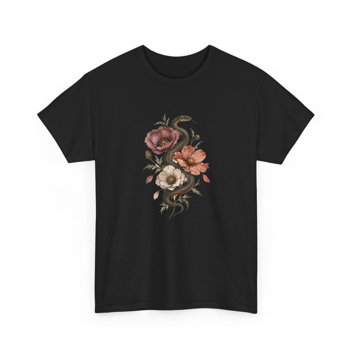 Snake and Poppies T-Shirt Vintage Botanical Serpent Flower Tattoo Style Tee
