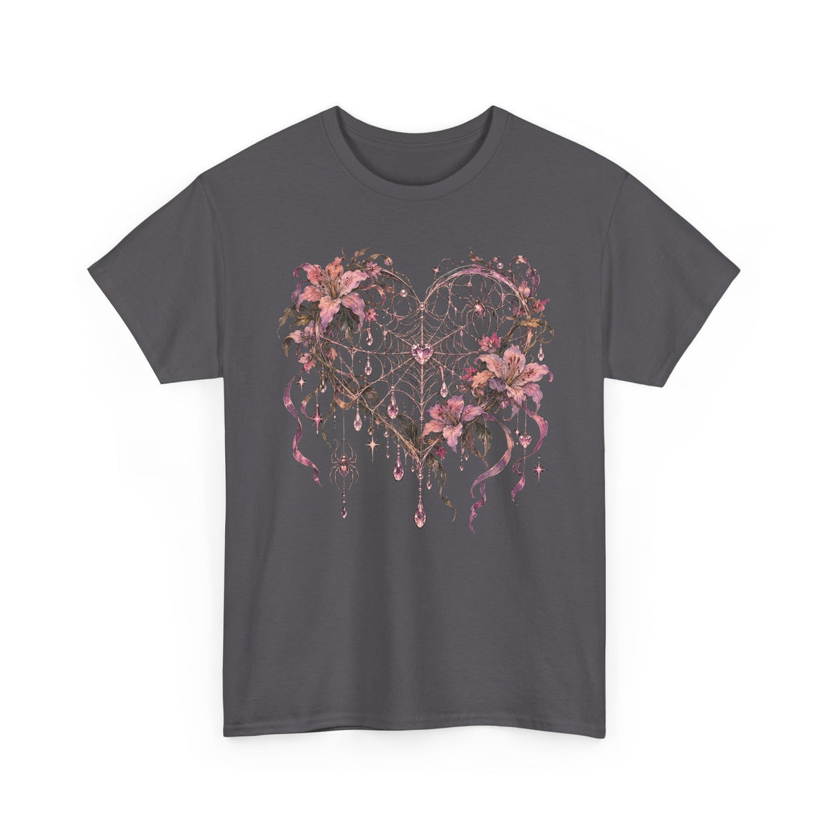 Gothic Spiderweb Heart T-Shirt Pink Lilies Crystal Pastel Goth Graphic Tee