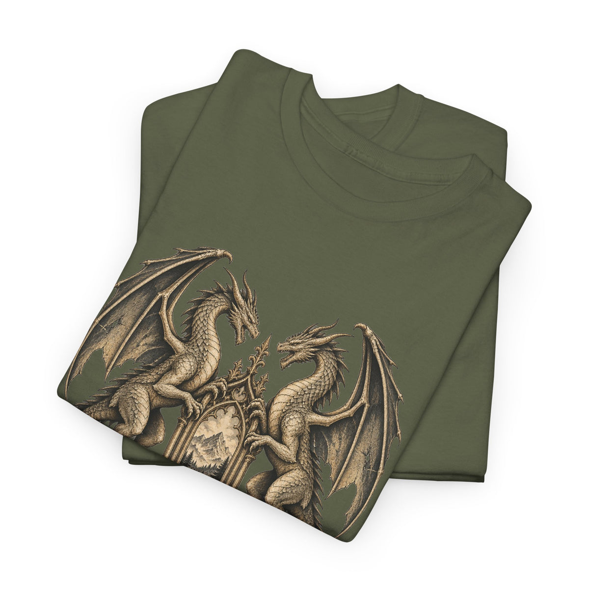 Twin Dragons Gate T-Shirt Fantasy Mountain Portal Dragon Tee