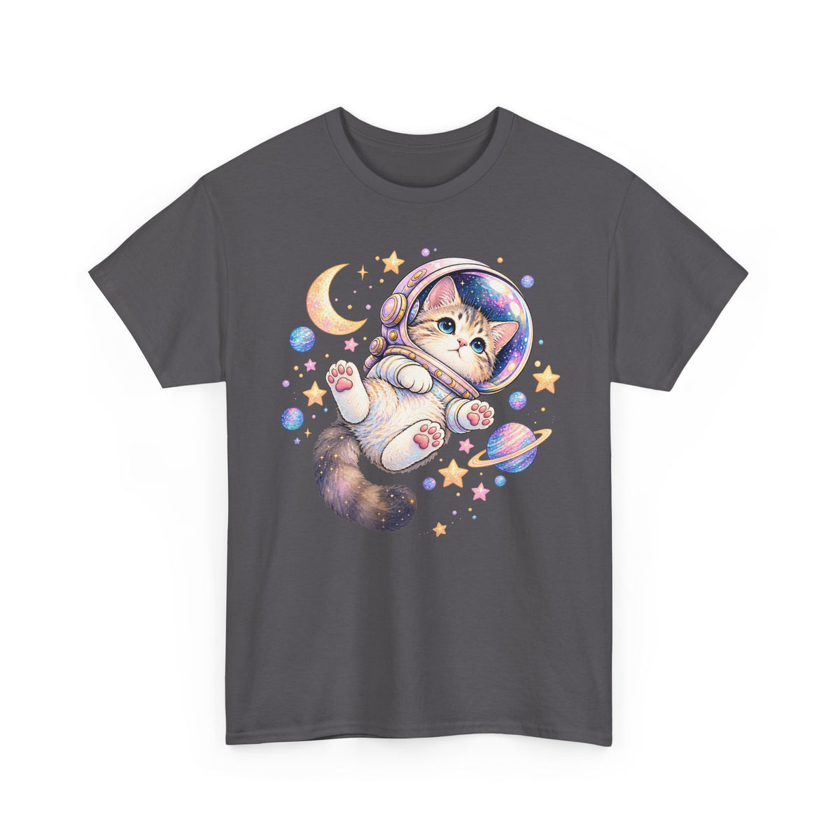 Astronaut Kitten T-Shirt, Cute Pastel Space Cat Helmet Moon Planets Stars Graphic Tee Unisex