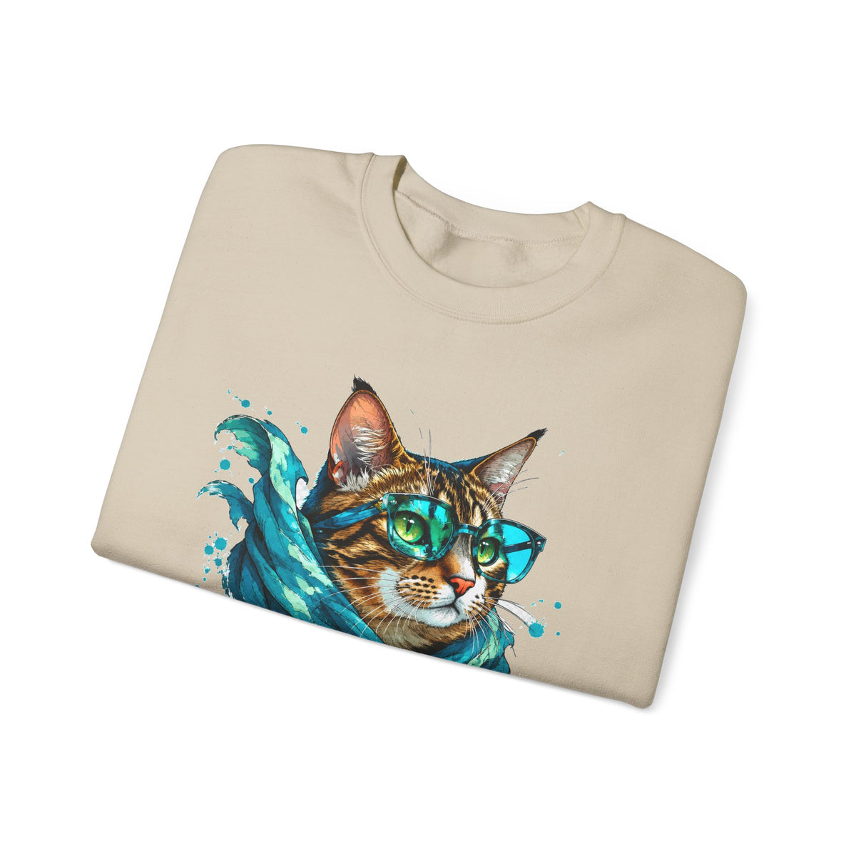 Tabby Cat in Glasses and Scarf Crewneck Sweatshirt Cool Hipster Cat Teal Splash Art