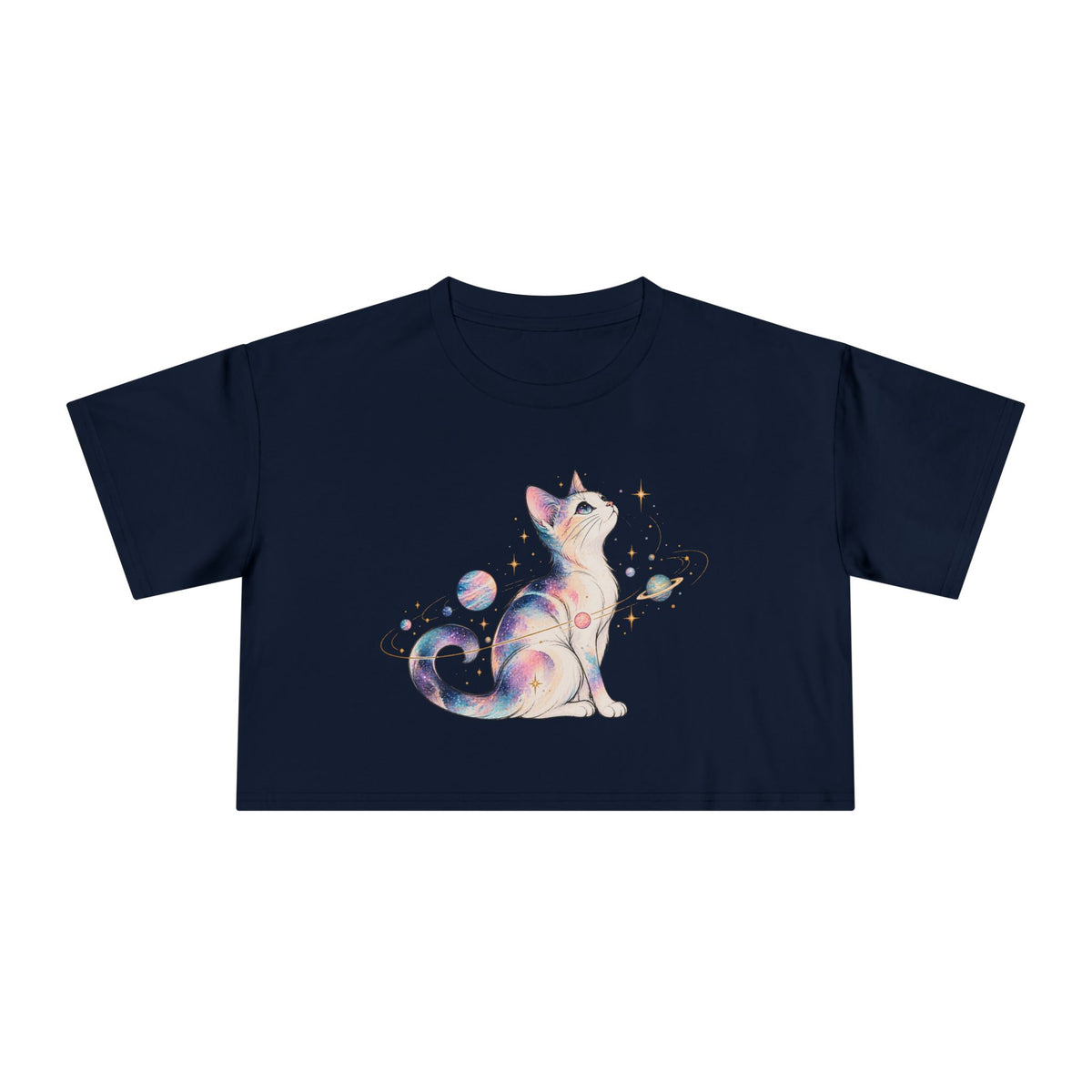 Cosmic Galaxy Cat Crop Tee, Pastel Watercolor Cat Planets Gold Stars Celestial Women's Cropped T-Shirt