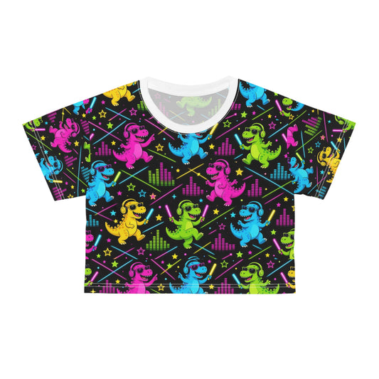 Neon Dancing Dinosaur Rave Crop Top Women Glow Stick Headphones EDM Festival