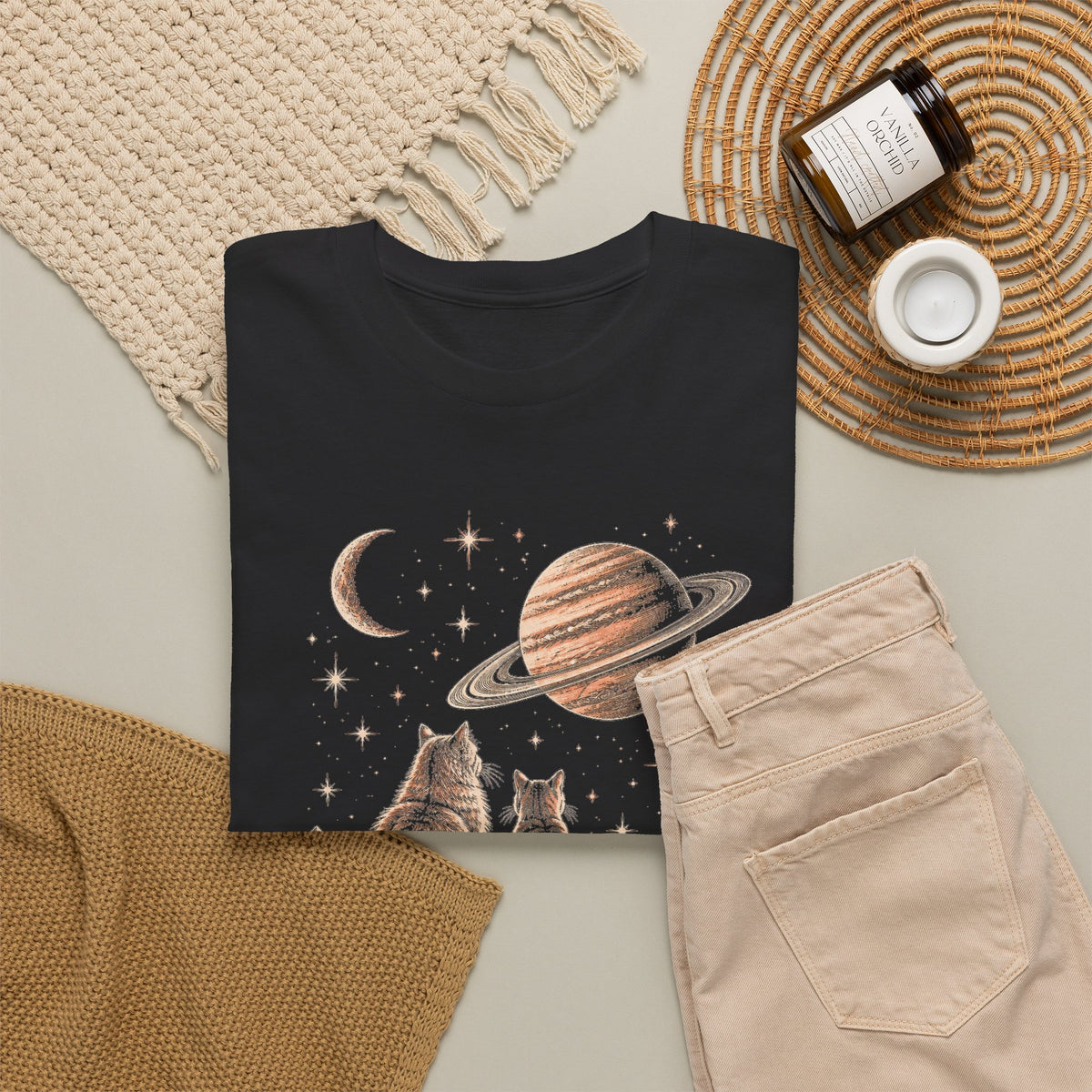 Celestial Space Cats T-Shirt Vintage Woodcut Cats Watching Stars Moon Saturn Tee