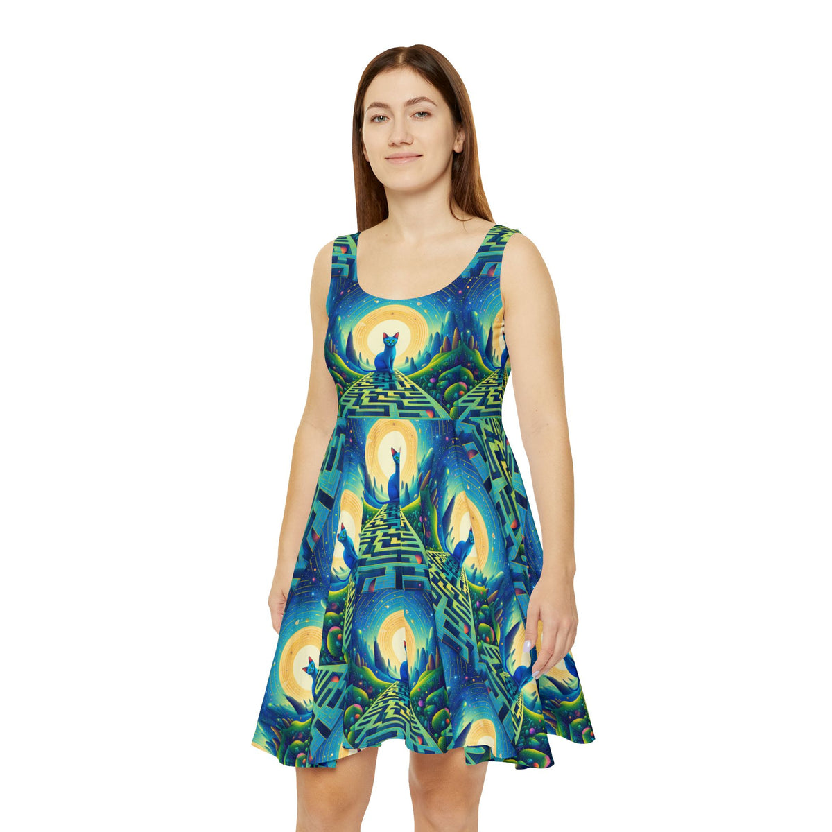 Blue Cat Full Moon Maze Skater Dress Womens All Over Print