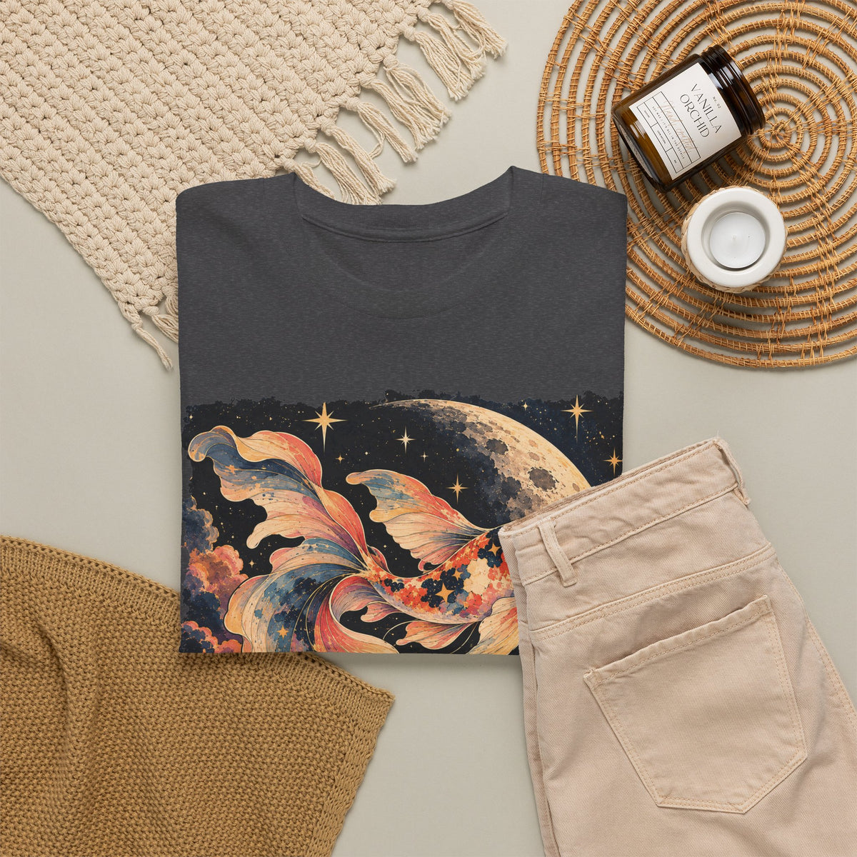 Koi Fish Moon T-Shirt Celestial Koi Night Sky Full Moon Graphic Tee Unisex
