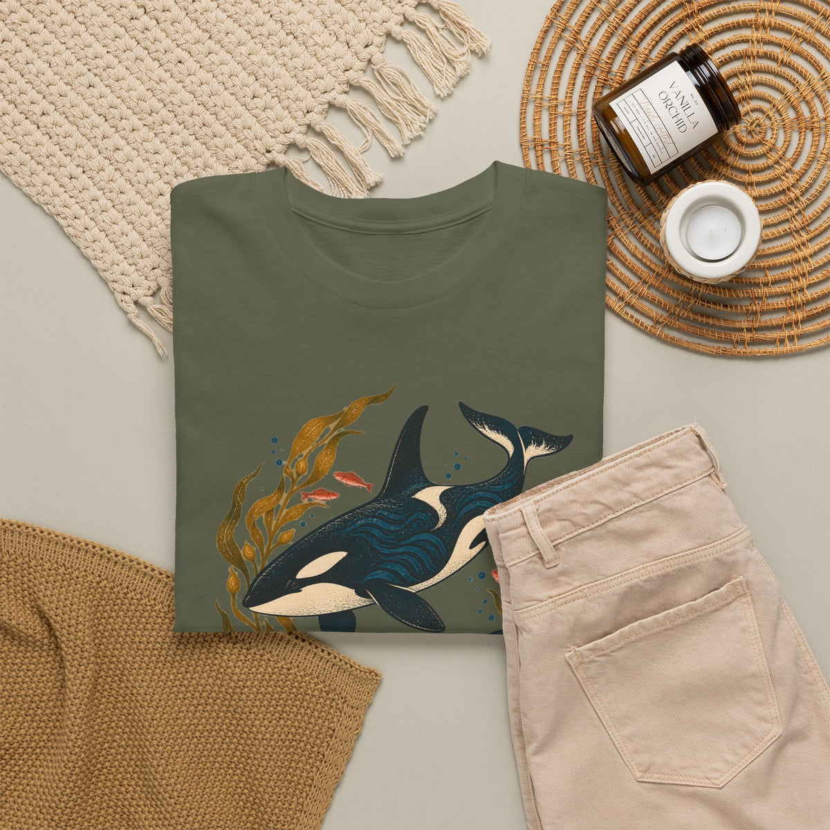 Orca Kelp Duo Tee Two Killer Whales Golden Kelp Forest Orange Fish Ocean Shirt